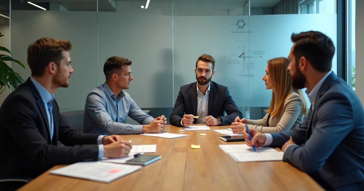 Equipe em reunião com expressões contidas e anotações sobre expectativas 