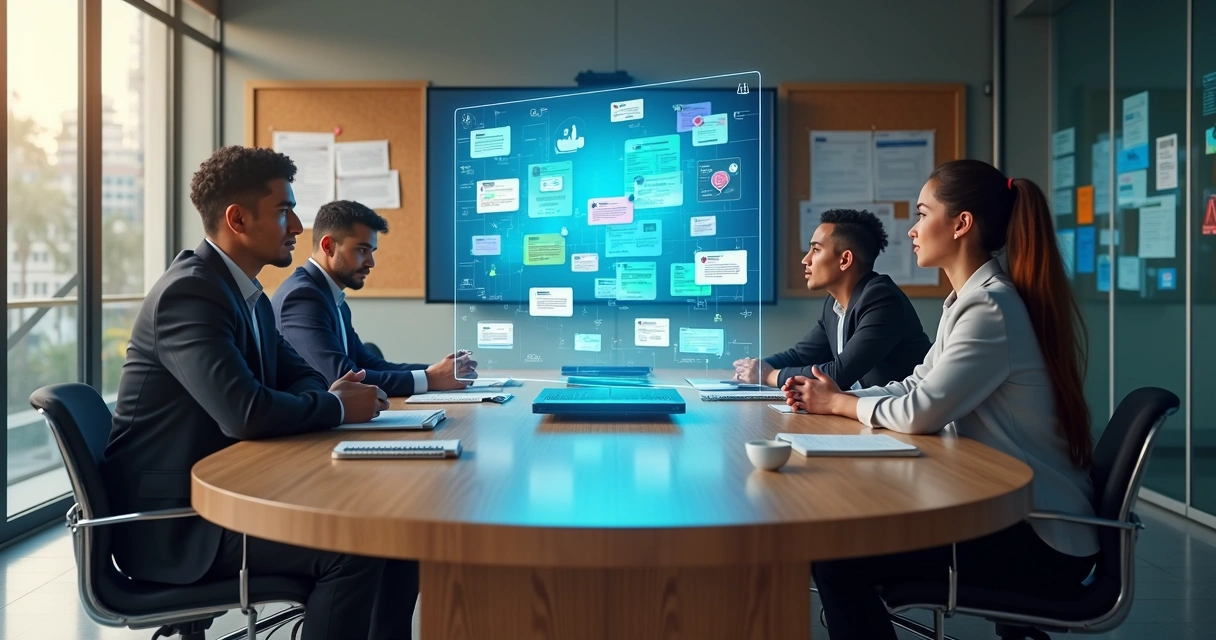 Mesa redonda com lideranças sindicais analisando painel de mensagens digitais 
