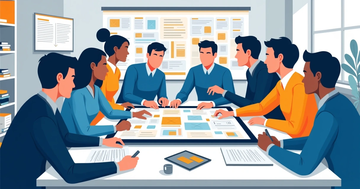 Reunião de equipe de sindicato analisando protótipo de site