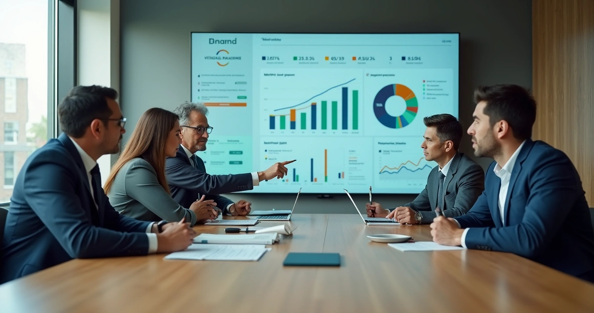 Líderes de sindicato analisando painel com soluções financeiras digitais 