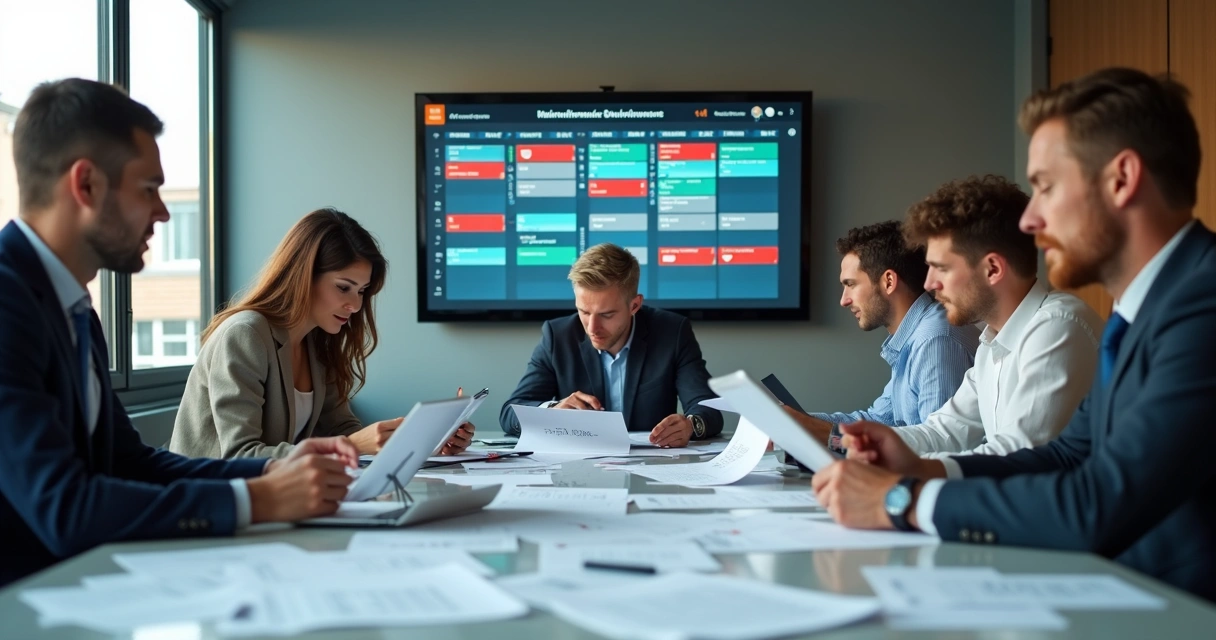 Síndico e membros da administração reunidos revisando calendário de manutenção 