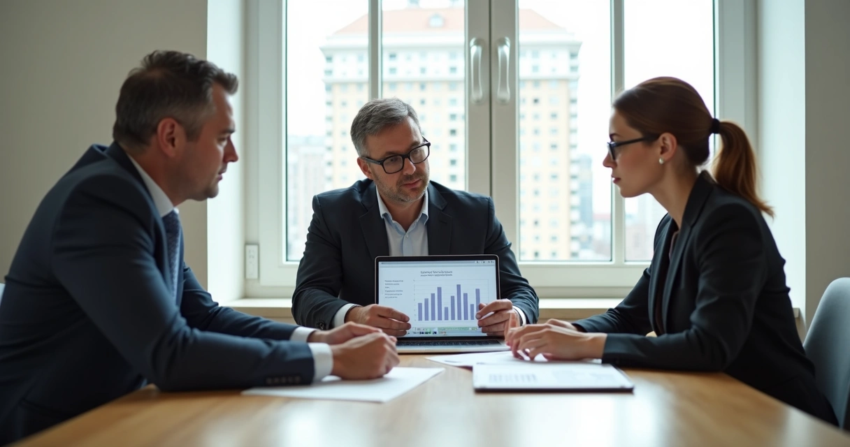 Síndico, auditor e conselheiros fiscais em reunião avaliando relatórios 