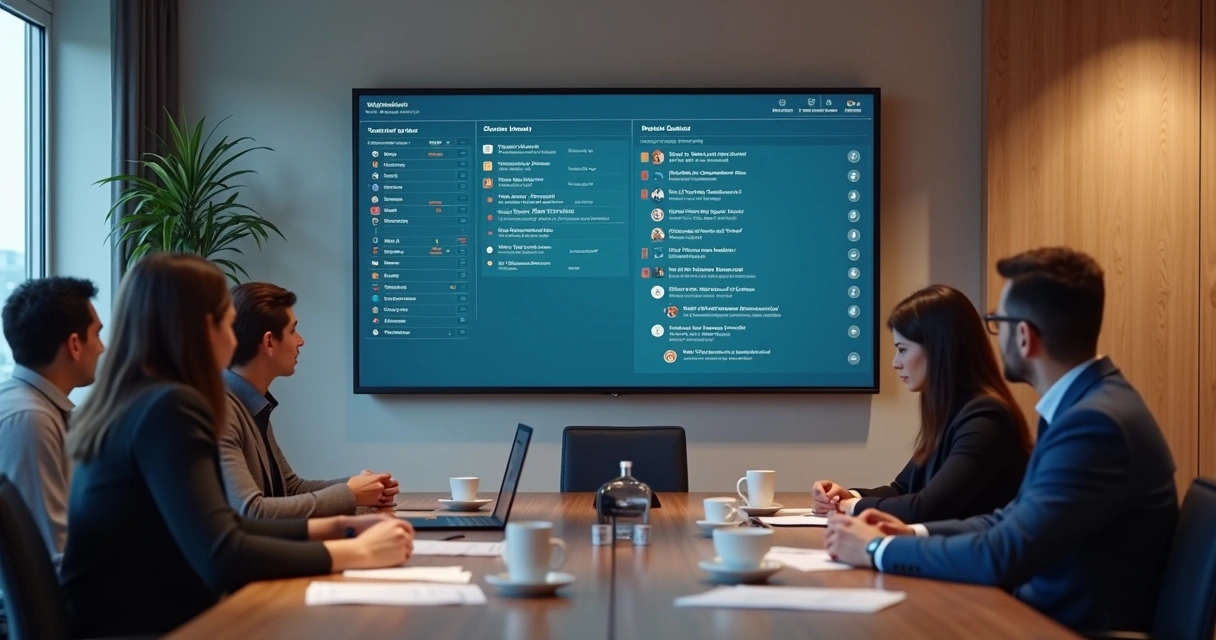 Sala de reunião moderna com pessoas analisando tarefas em um painel digital