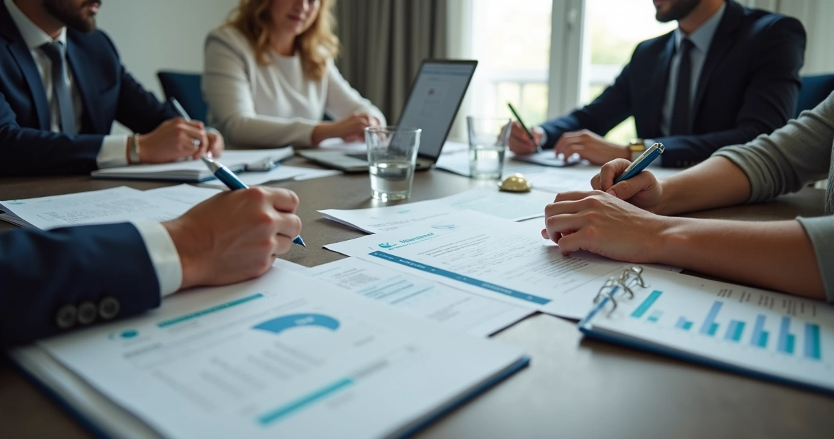 Síndico e conselho consultando documentos e atas em reunião 