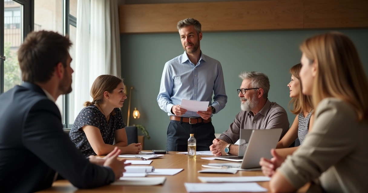 Síndico conversando com moradores em reunião de condomínio 