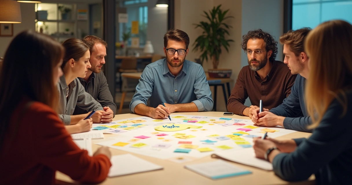 Equipe reunida debatendo valores organizacionais 