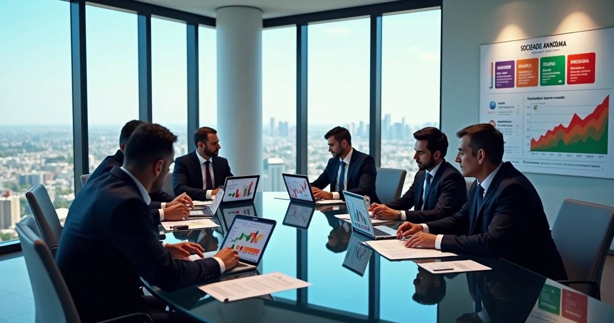 Reunião de conselho de administração em uma sala corporativa moderna, com executivos discutindo documentos financeiros e gráficos de ações no laptop 