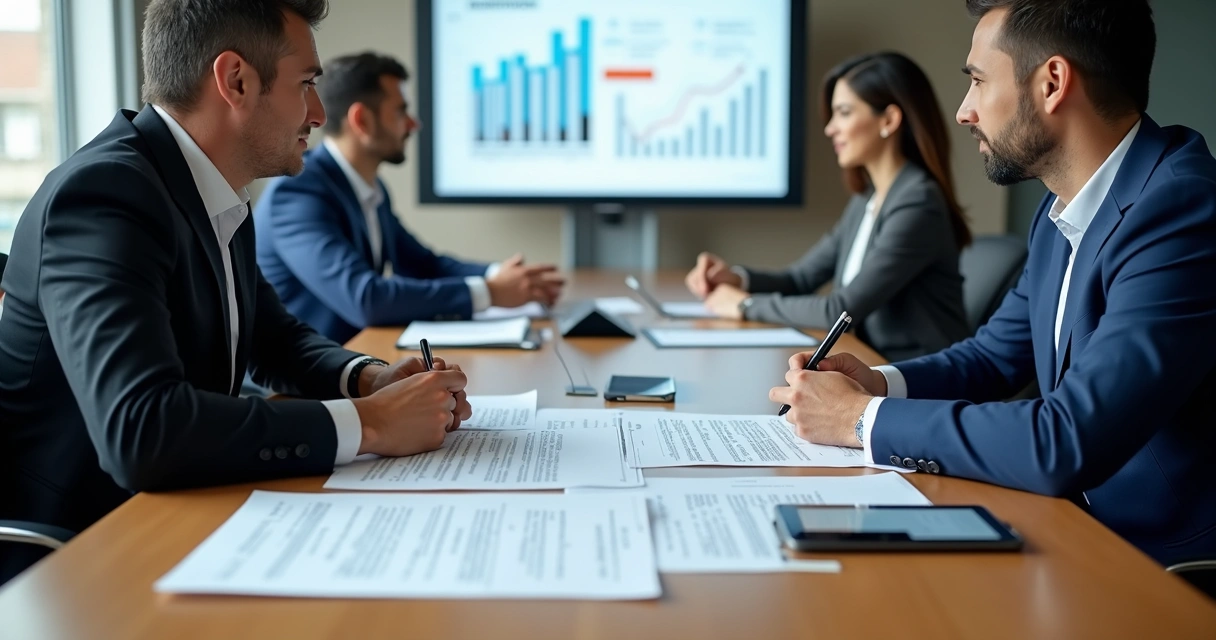 Executivos em reunião com gráficos e contrato na mesa