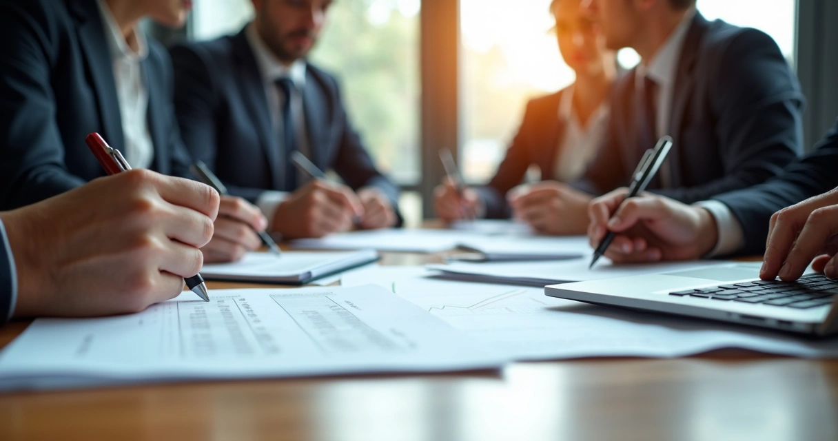 Advogados reunidos analisando contratos societários em mesa de madeira