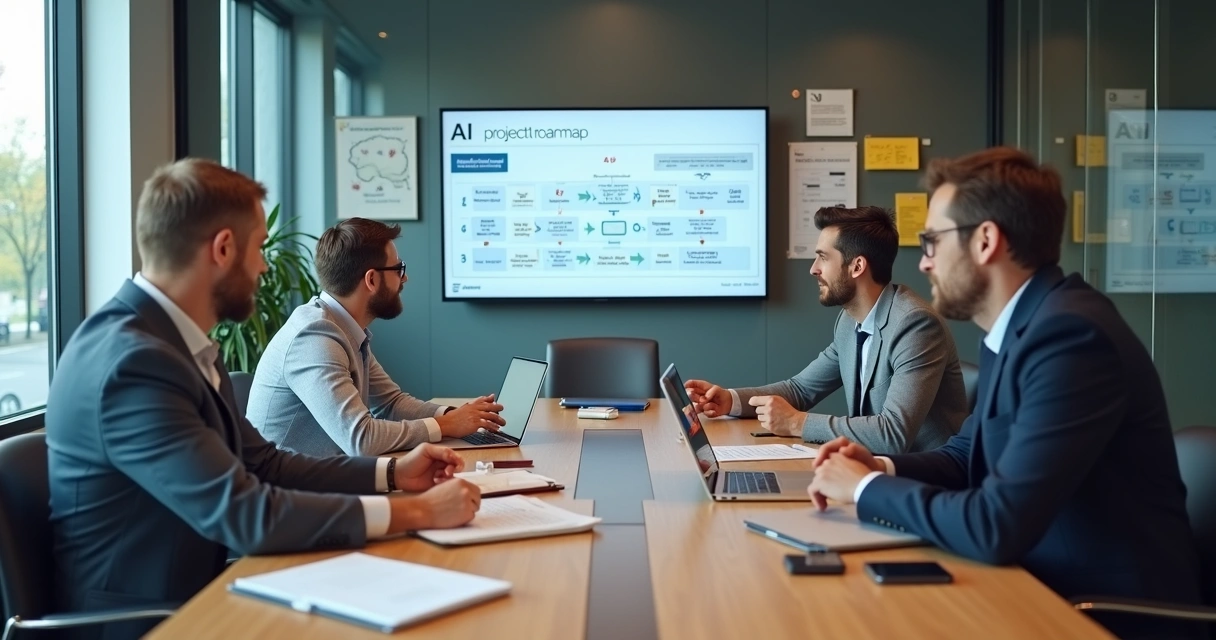 Sócios e gestores em reunião alinhando projeto de IA na empresa 