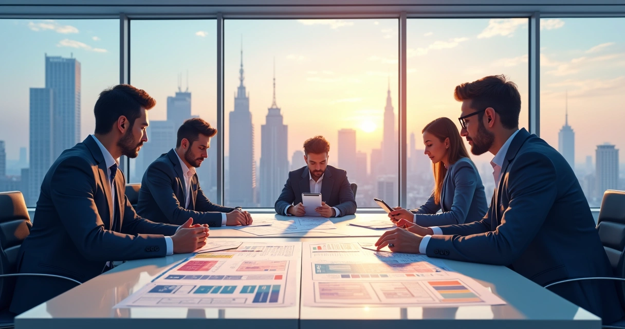 Reunião de sócios em sala moderna decidindo estrutura societária 