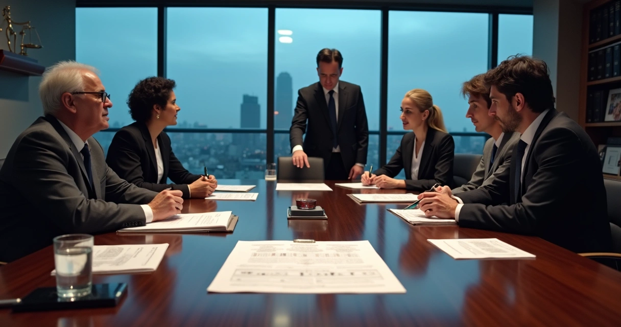 Reunião de sócios e herdeiros analisando inventário de empresa em sala de conselho 