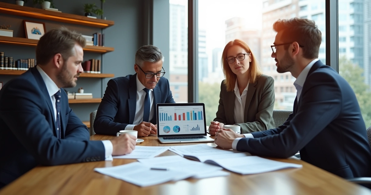 Reunião formal de sócios discutindo Sociedade Limitada em mesa de escritório moderno 