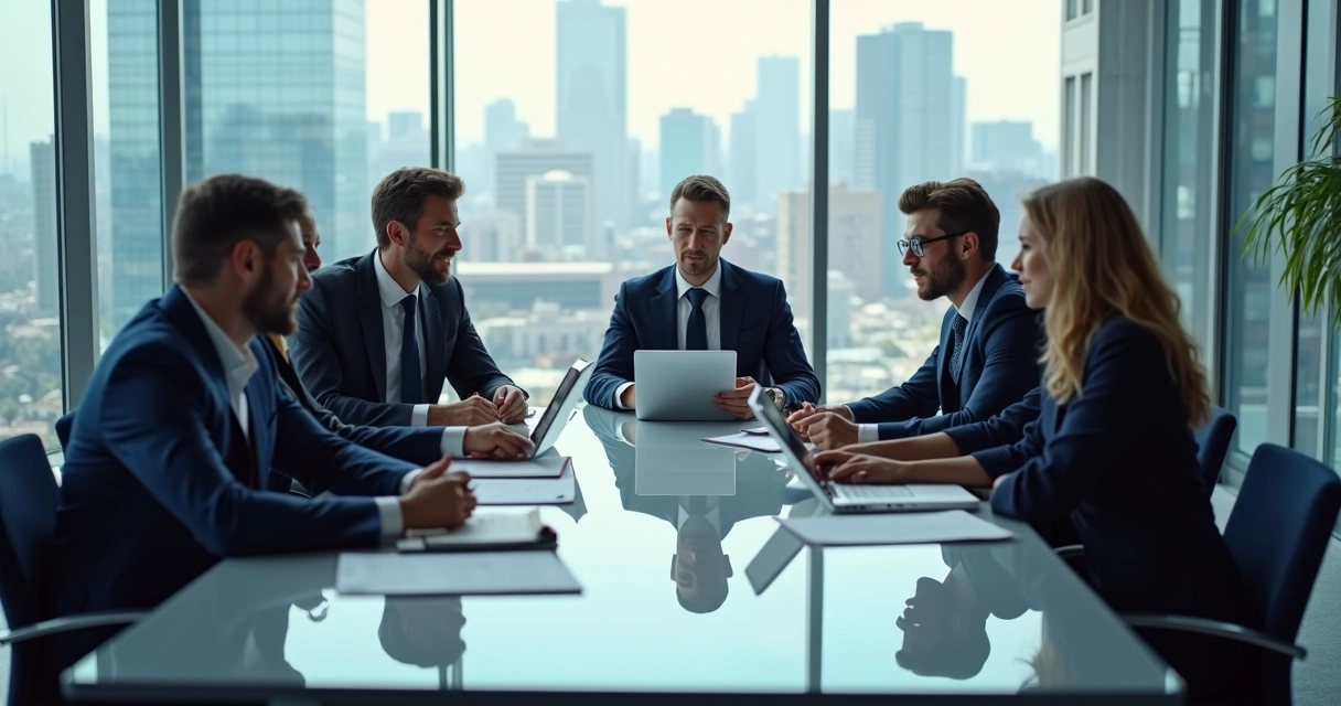 Executivos discutem estratégia em sala de reunião moderna