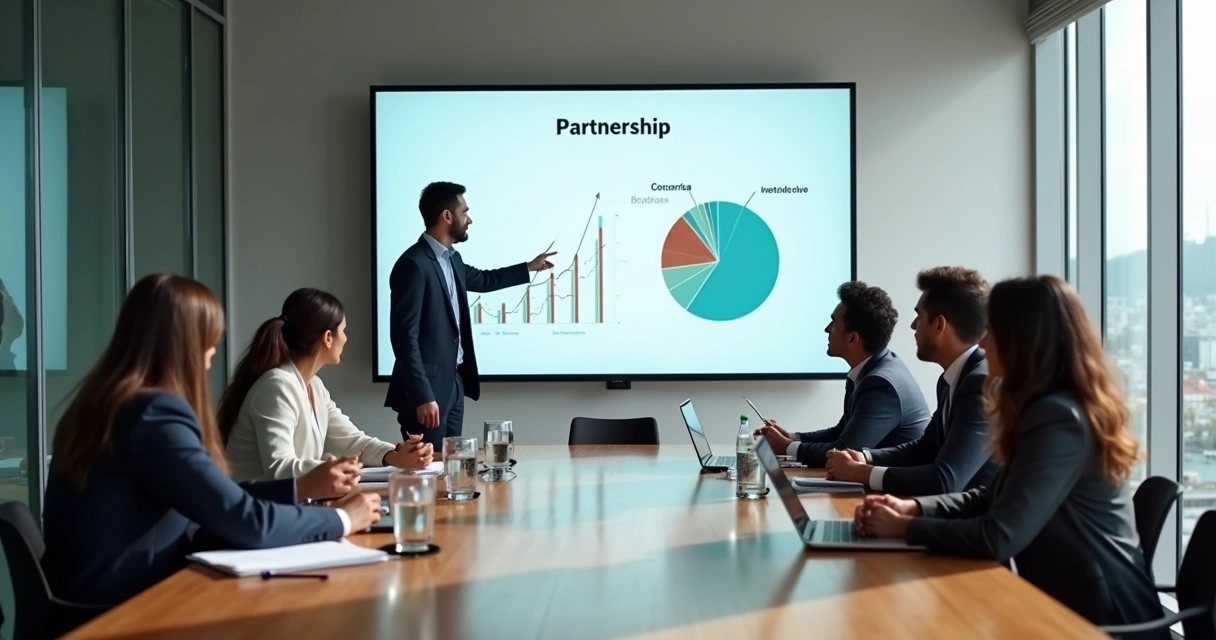 Líder apresentando programa de partnership para equipe em sala de reunião moderna 