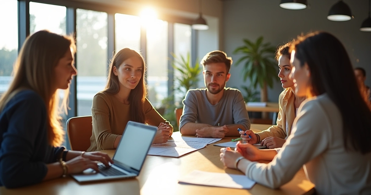 Grupo de sócios em reunião olhando gráficos e contratos 