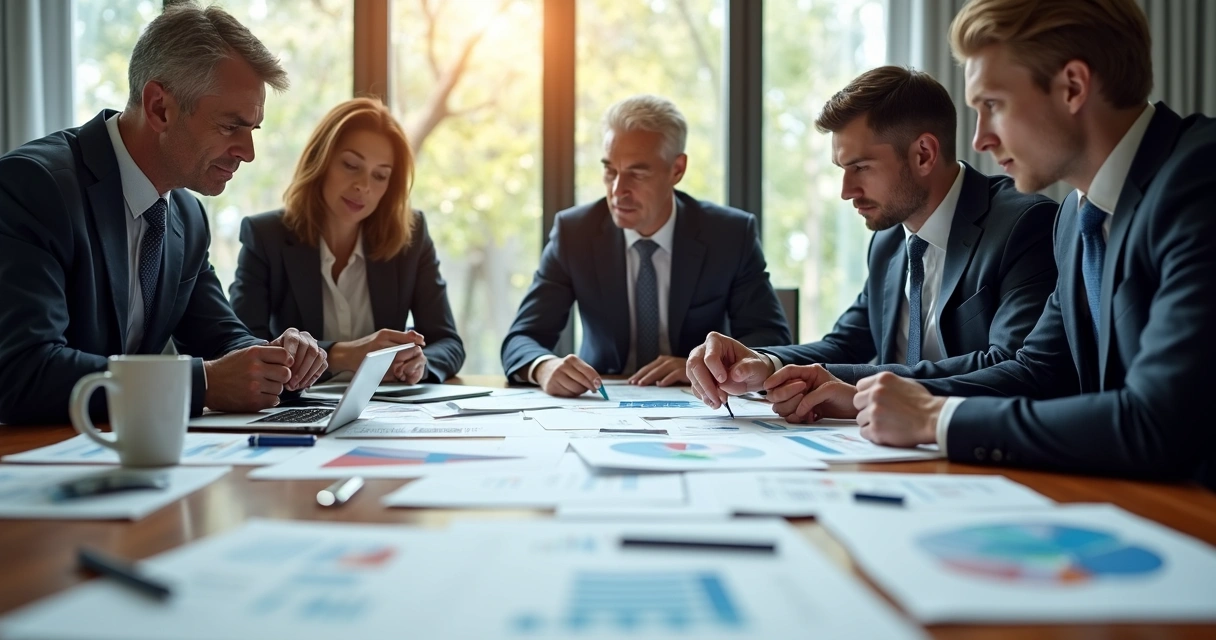 Quatro pessoas em reunião sentadas à mesa analisando documentos e gráficos empresariais