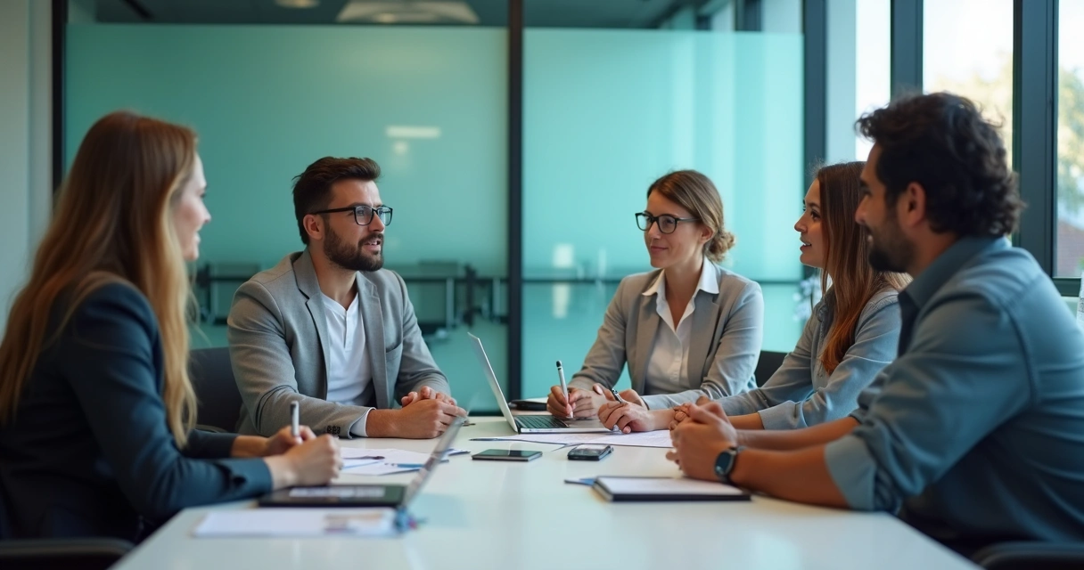 Equipe em reunião com foco em escuta e colaboração 