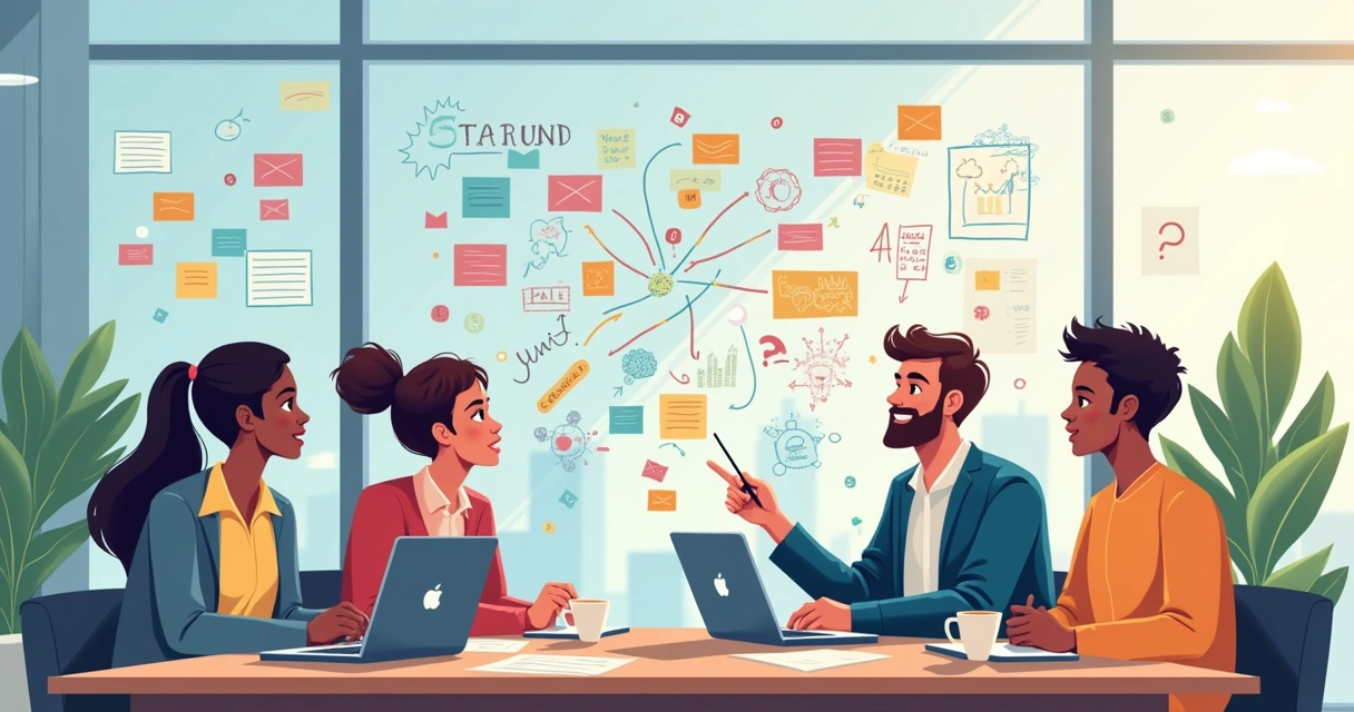 Equipe reunida debatendo solução em quadro de ideias 