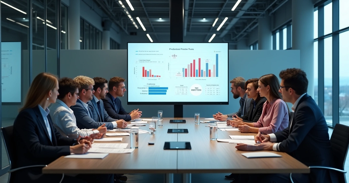 Reunião de alinhamento S&OP em sala de indústria 