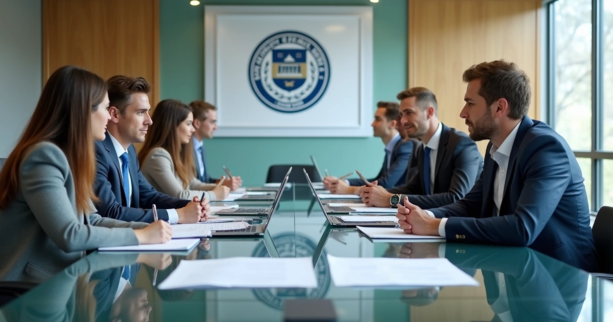 Reunião formal entre pesquisadores universitários e representantes do setor privado, com documentos e contratos sobre a mesa 