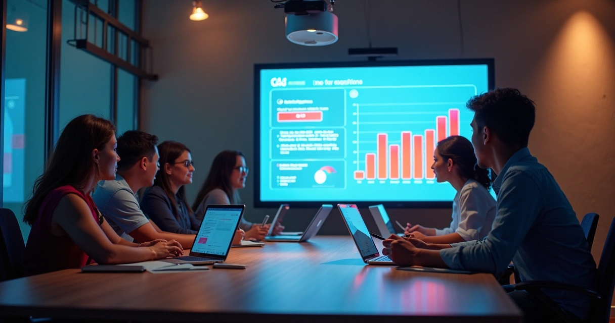 Equipe reunida em sala discutindo métricas de sucesso do cliente 