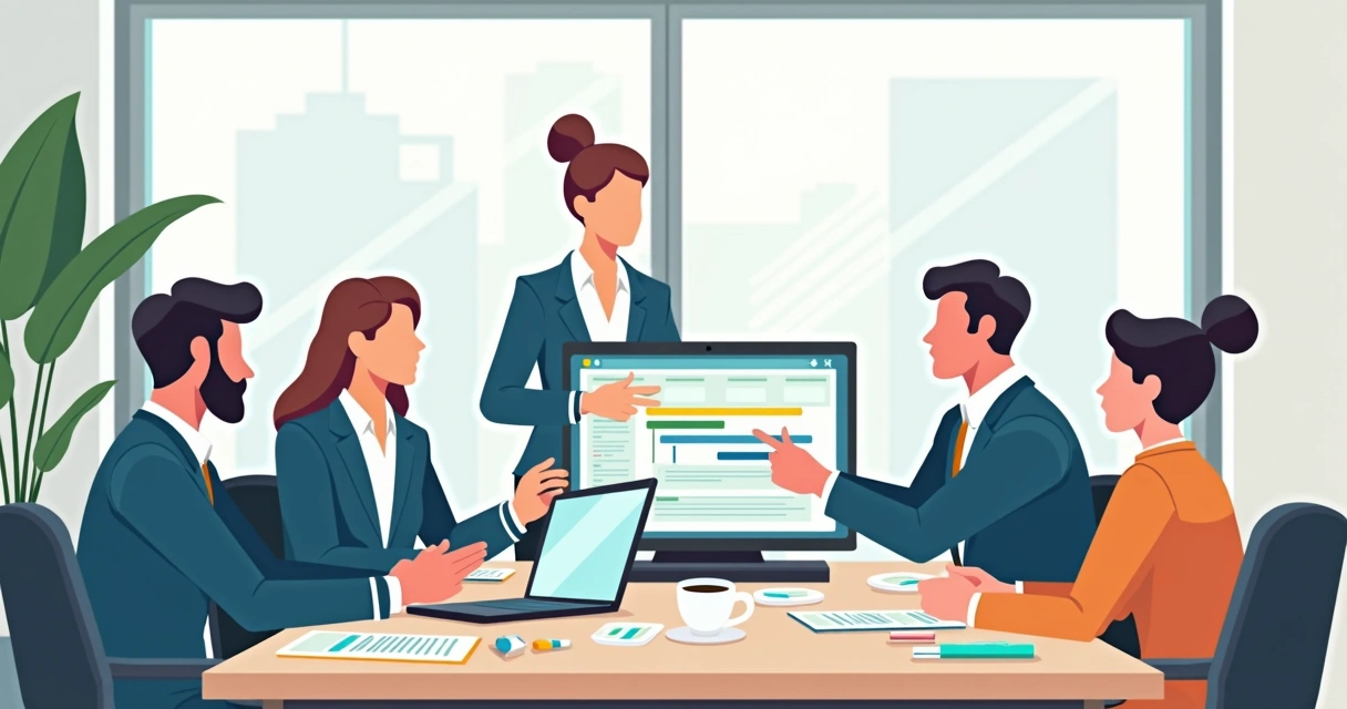 Reunião de stakeholders discutindo cronograma do projeto em laptop 