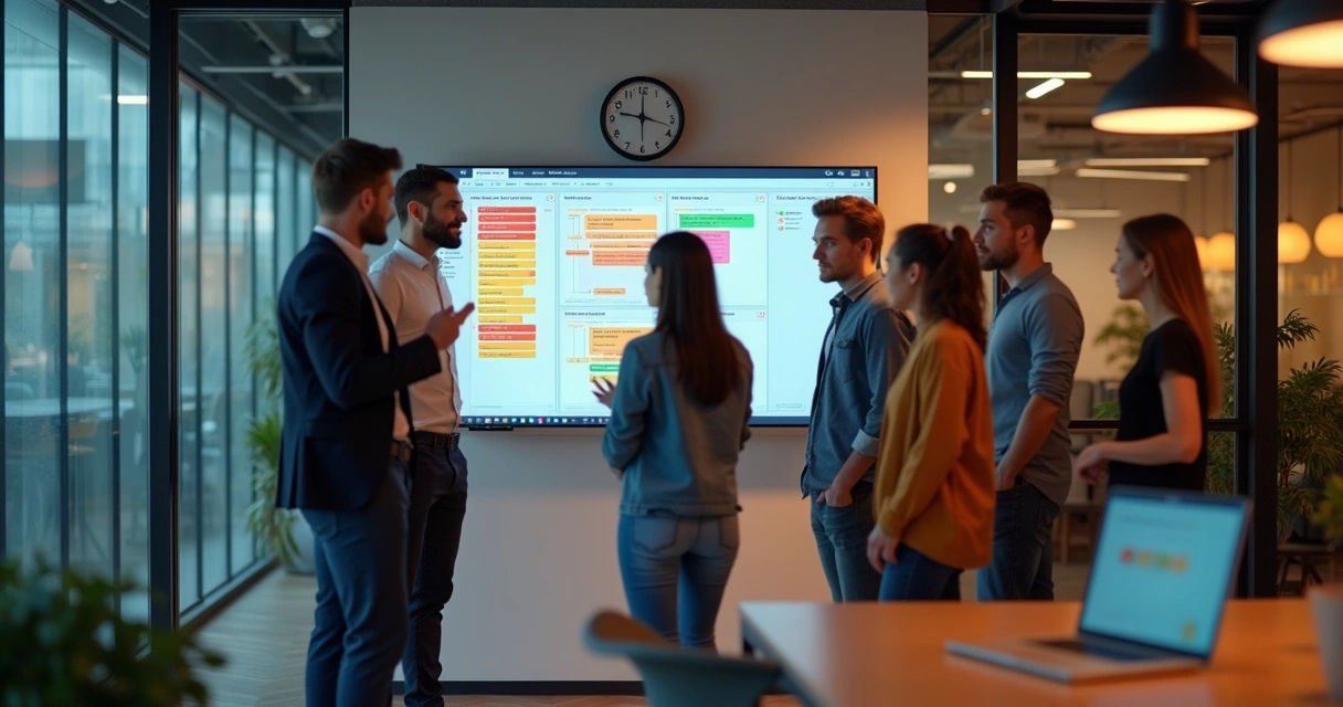 Equipe em pé em reunião rápida com quadro digital 