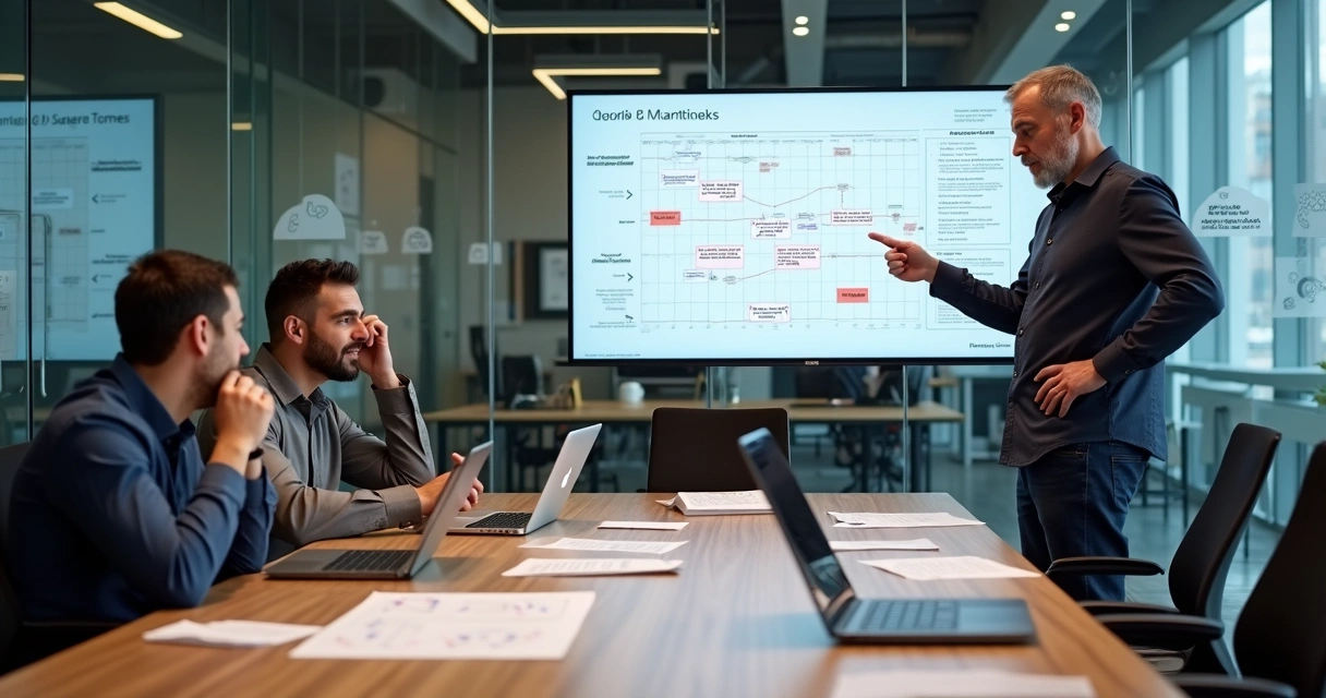 Liderança de startup em reunião tensa com consultor de tecnologia 