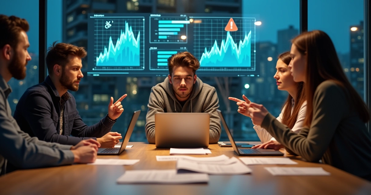 Equipe de startup em reunião tensa diante de gráficos em um escritório moderno 