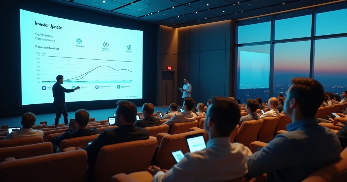 Fundador apresentando atualização jurídica a investidores em auditório moderno 