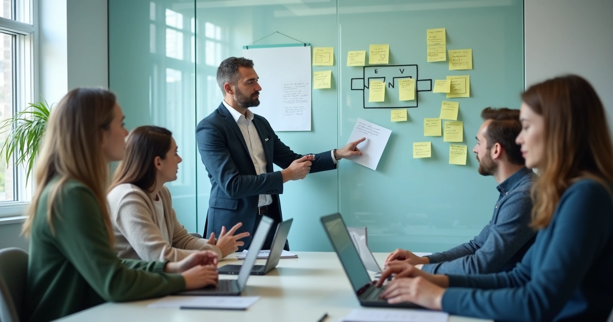 Equipe pequena em reunião definindo papéis na startup