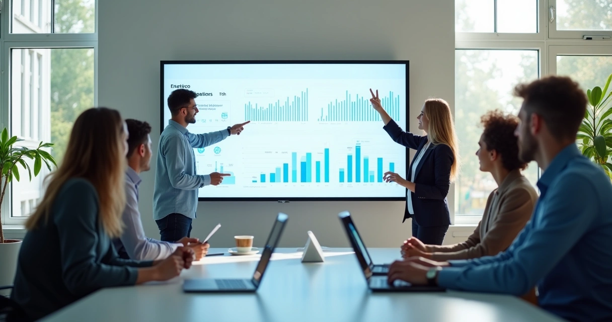 Parceiros de startups discutindo estratégia em sala de reunião clara, olhando tela projetada com gráficos de dados. 