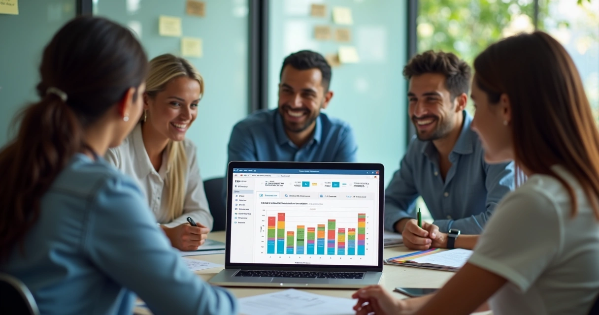 Equipe analisando status de projeto com relatório gerado por IA