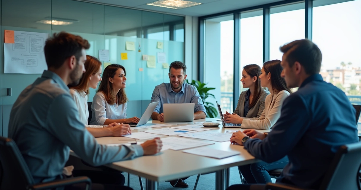 Equipe em reunião com subgrupos em destaque 