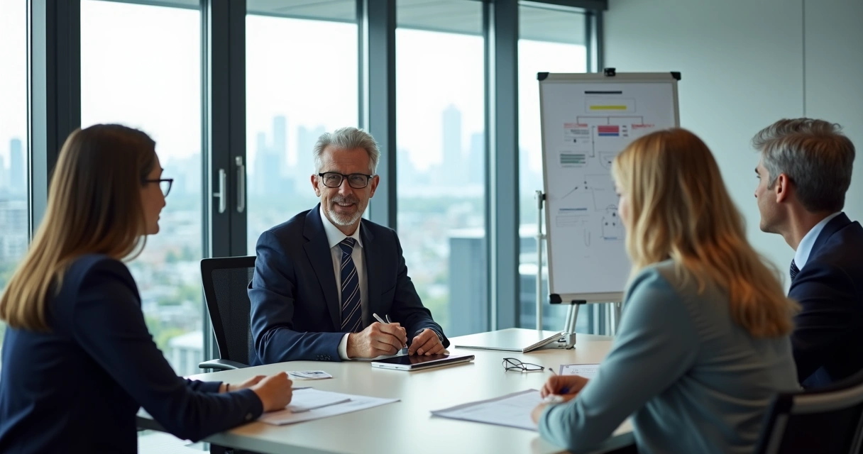 Reunião de empresários planejando sucessão em uma mesa de escritório 