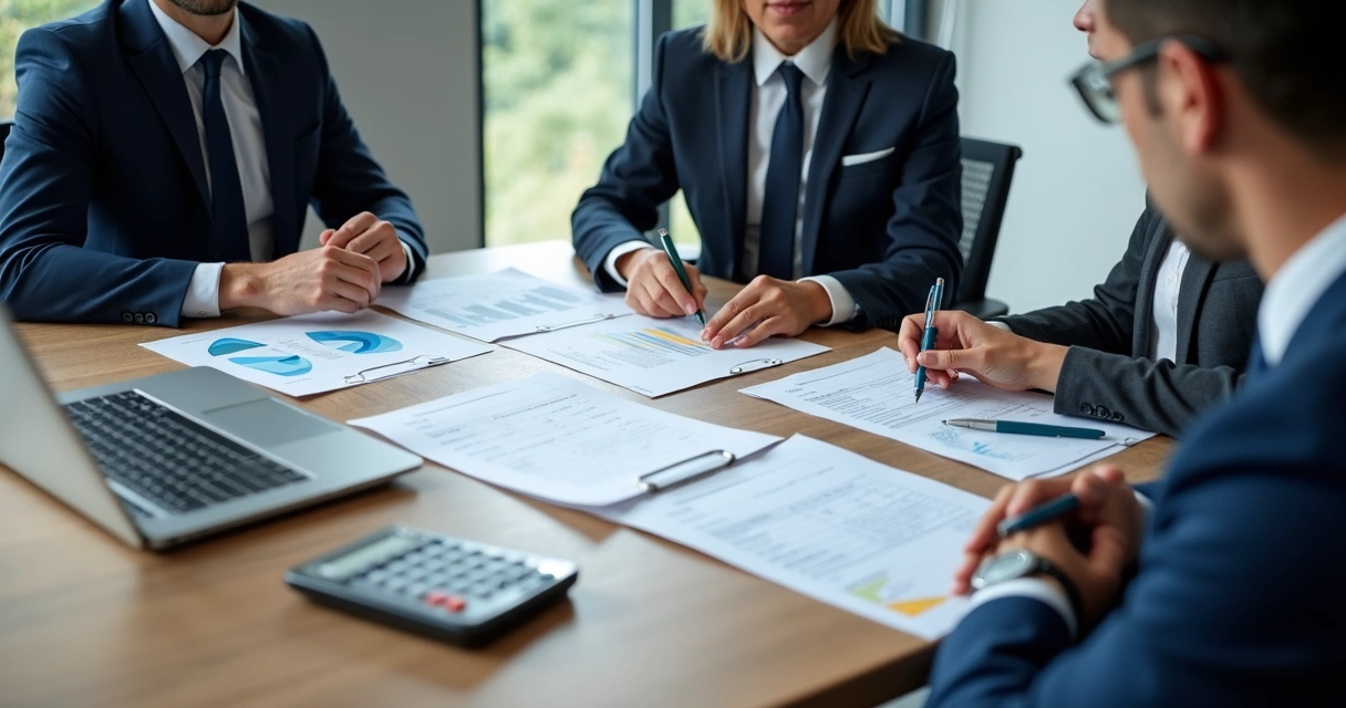 Reunião com documentos societários e gráficos financeiros em mesa corporativa 