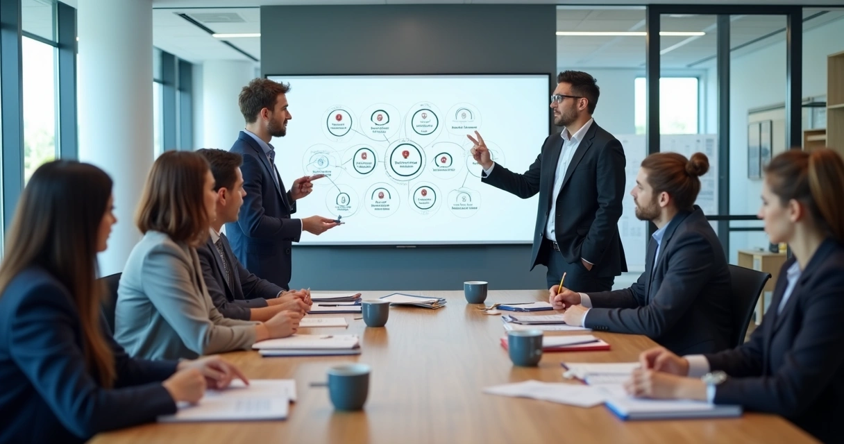 Equipe em reunião avaliando sucessão de liderança 