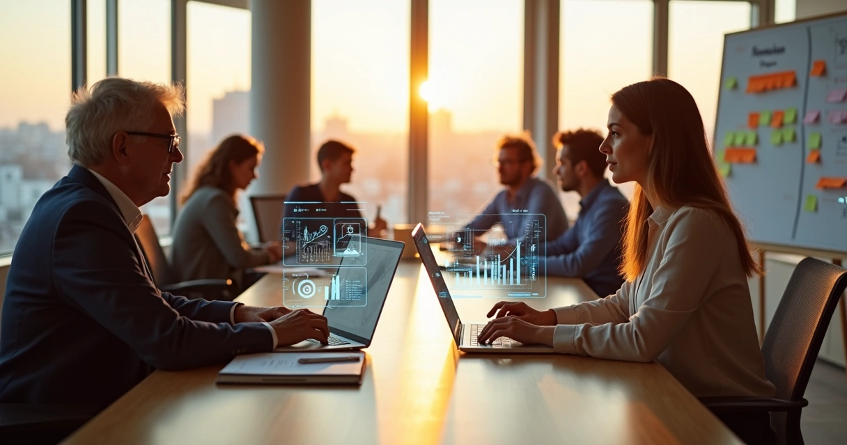 Discussão de sucessão em sala de reunião de startup com duas gerações em destaque 