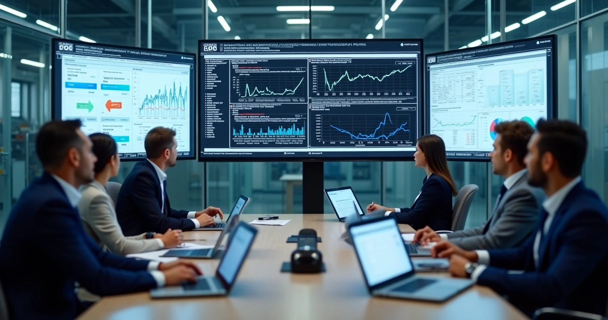Equipe analisando sistema ERP industrial em reunião de fábrica