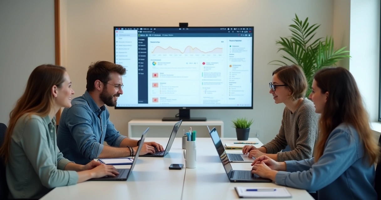 Pequena equipe reunida com computadores em sala clara e moderna, debatendo soluções para site WordPress.