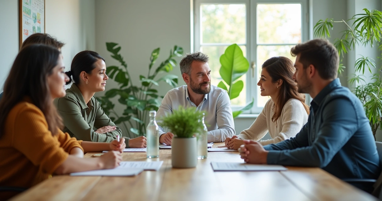 Equipe em reunião com gráficos e plantas na mesa