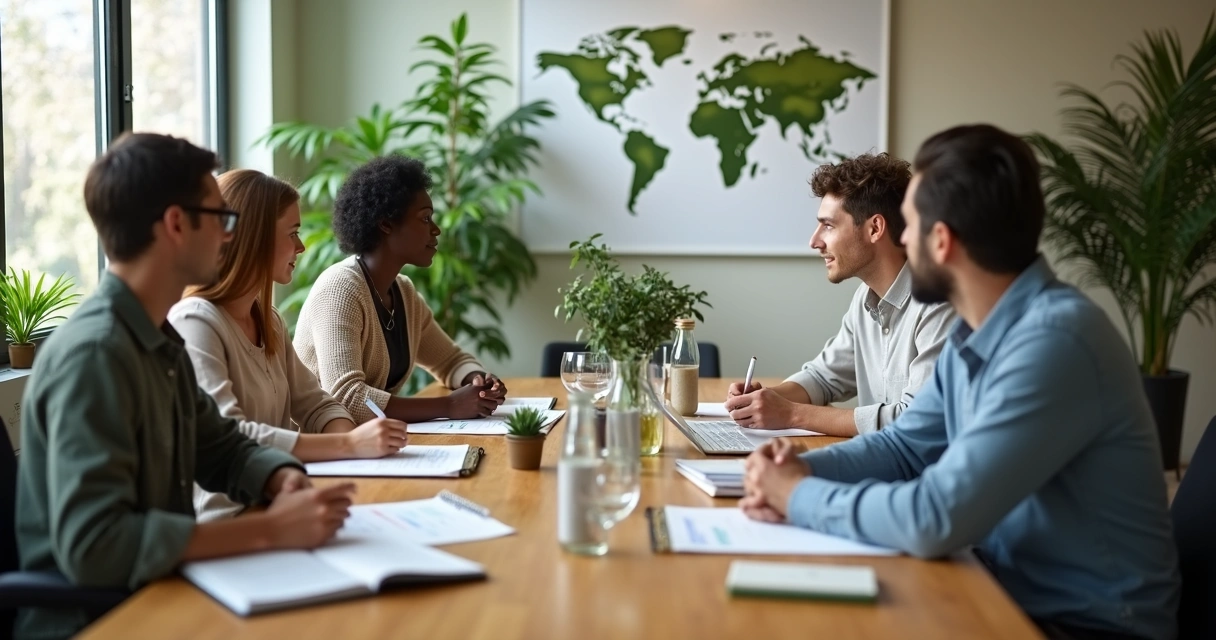Equipe em reunião com gráficos sustentáveis e plantas na mesa