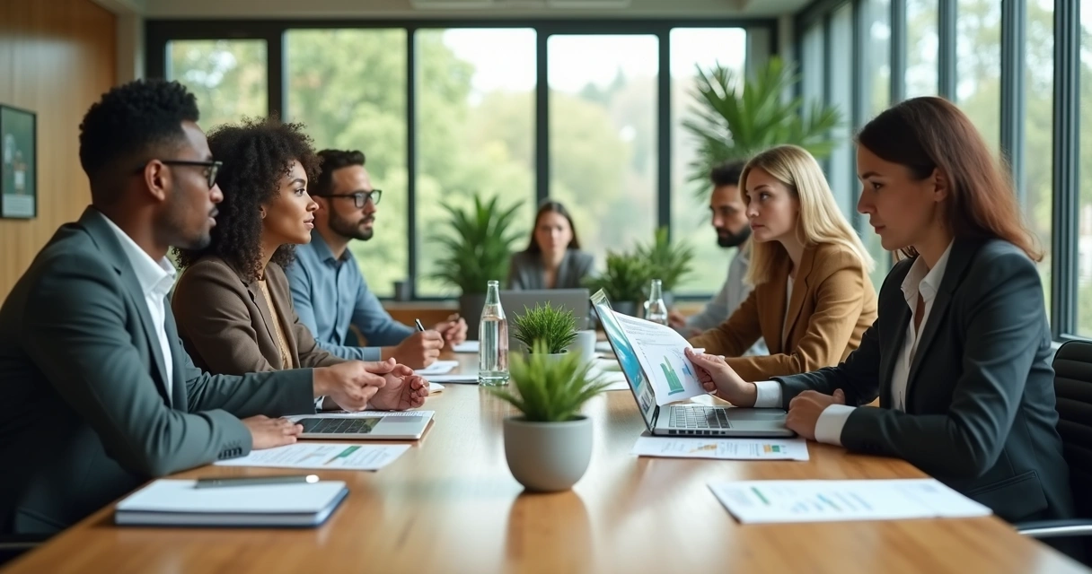 Equipe analisando metas ambientais em reunião 