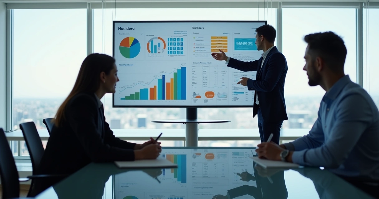 Equipe em reunião avaliando propostas de vendas consultivas com gráficos 