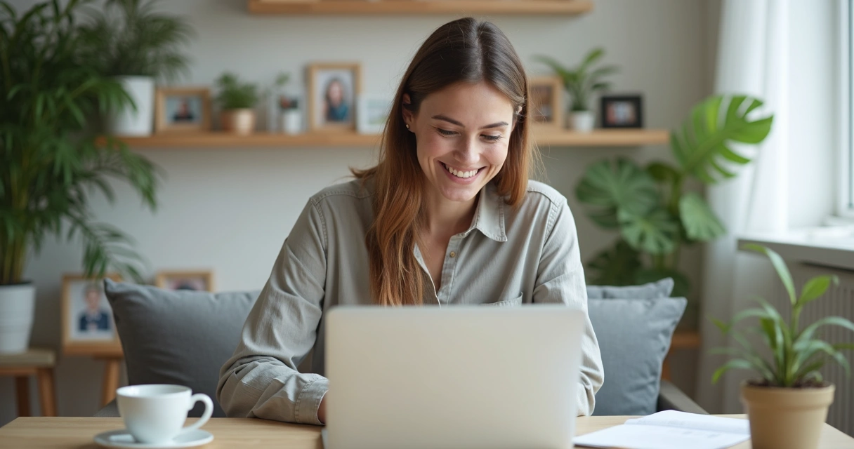 Mulher de blusa clara em vídeo chamada, sorrindo para a câmera, com quadros e plantas ao fundo. 