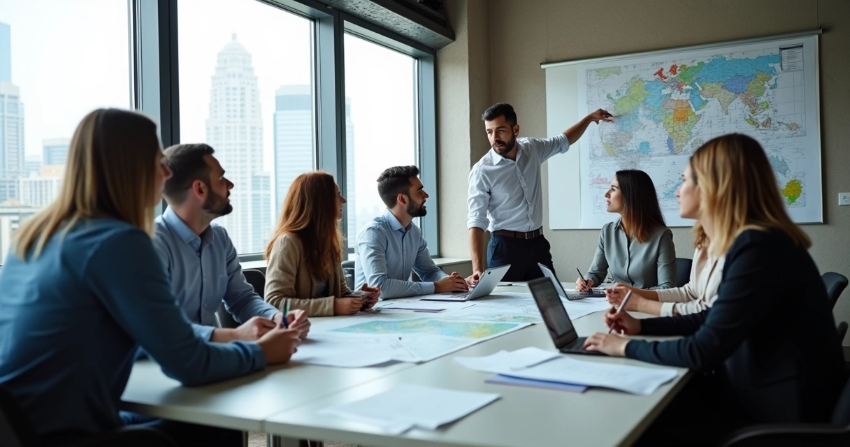 Equipe reunida analisando documentos e mapas em uma sala de reuniões