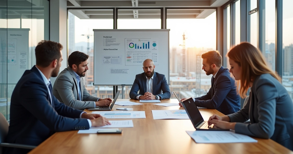 Sala de reunião com engenheiros e profissionais da construção discutindo pautas específicas e objetivas 