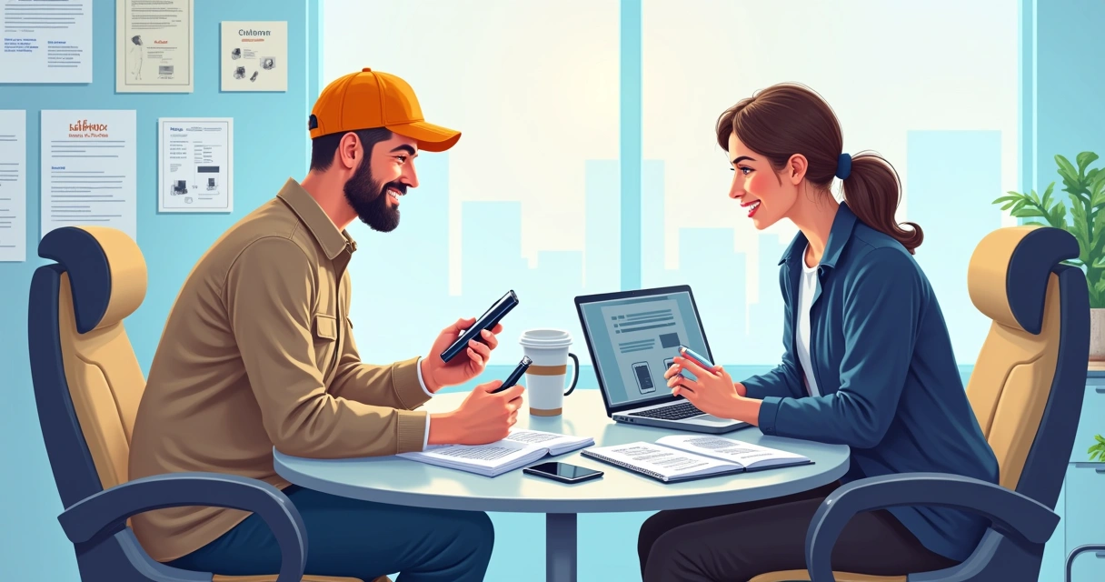 Reunião informal de técnico com fornecedor de peças para celular 
