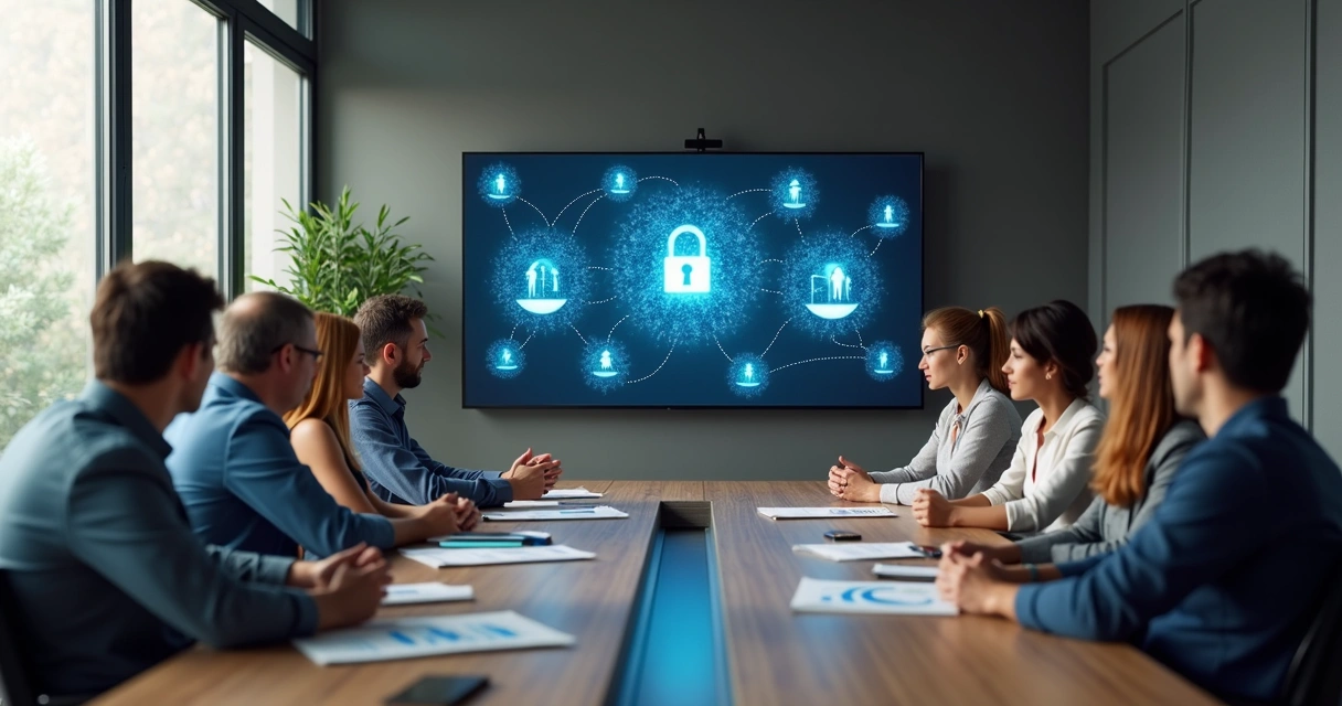 Grupo em reunião debatendo limites éticos da inteligência artificial